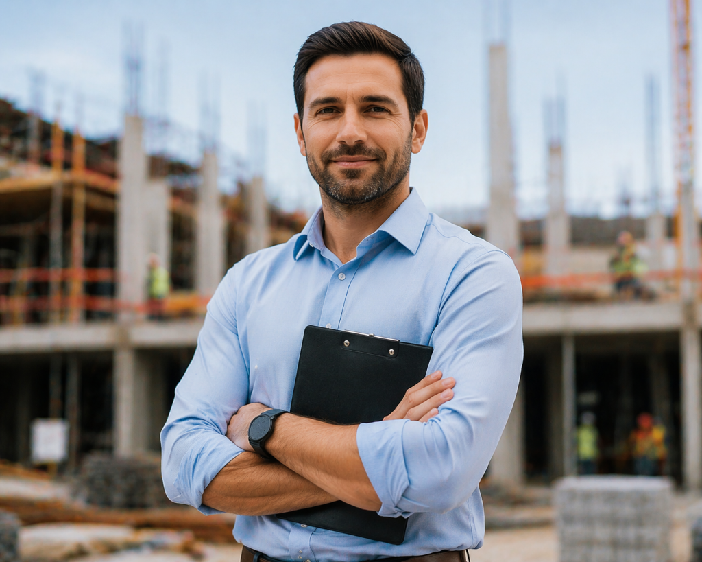 Construction project manager standing at a residential construction site.