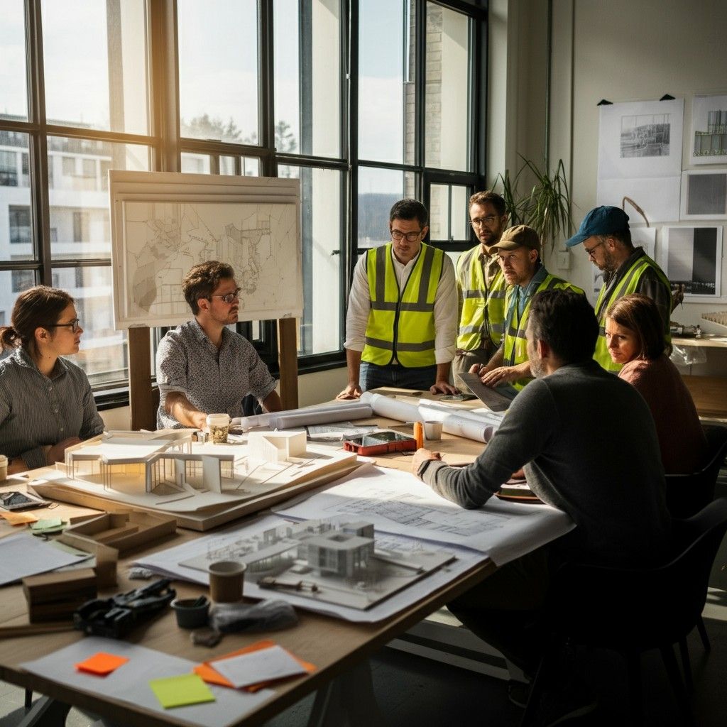 Construction planning meeting with architects and project consultants.